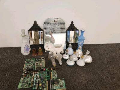 Mixed Lot Vintage Mirrors, Flood Bulbs, Glass Bottles, Figurines, Circuit Boards, ISA Card (Shelf A)