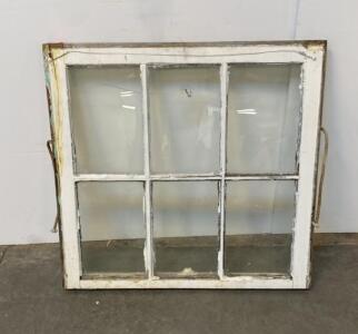 Antique Six-Pane Wooden Window Sash With Rope Pulley, White Paint, 28"x28" Vintage Glass