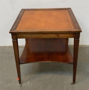 Vintage Square Wooden Side Table With Leather-Inset Top, Gold Tooling, Casters, Lower Shelf