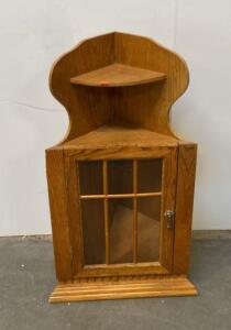 Vintage Oak Corner Display Cabinet With Glass Mullioned Door & Shelf, Approx. 28" Tall