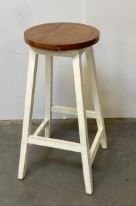 Wooden Bar Stool, White Painted Legs, 29" Seat Height, Chip On Seat Edge, Rustic Style