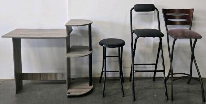 Set Of 4 Bar Stools (2 Folding, 2 Fixed) & Compact Gray Desk With Shelves, Metal Frames