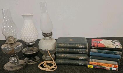 Three Vintage Glass Oil Lamps (One Electrified & Confirmed Functional) & 13 Antique/Vintage Library Books