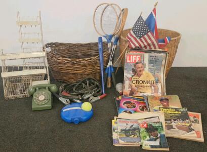 Vintage Rotary Phone, Badminton Set, 1950s-80s Magazine Collection, Baskets, Racks
