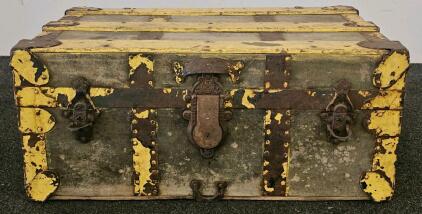 Antique Flat Top Steamer Trunk &ndash; Yellow Metal Trim, Canvas, c. 1880-1910, Ornate Hardware, 24"