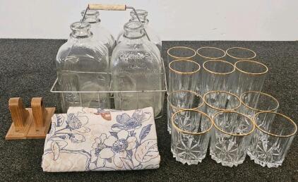 Vintage Foremost Glass Milk Bottles (4) With Carrier, 12 Gold Rim Cut Crystal Glasses, Tablecloth & Wooden Brackets