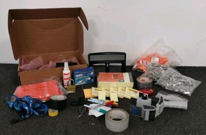 Assorted Office Supply Lot: ULINE Security Tags, STAPLES Pads, Badge Clips, DARPA Lanyards, AFM Housings