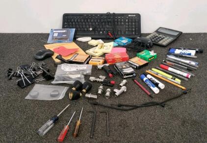 Mixed Lot: Microsoft Keyboard, Victor Calculator, Logitech Mouse, Office Supplies, Hand Tools