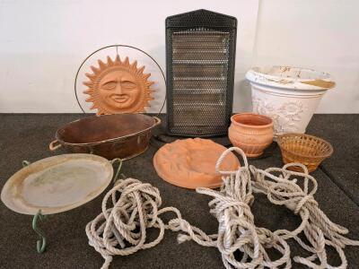 Large Garden Decor Bundle: Portable Heater (Powered On), Planters, Terracotta Wall Art, Braided Rope