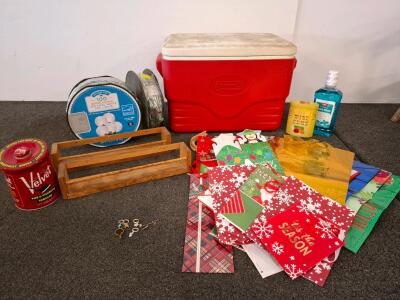 Coleman Cooler, Holiday LED String Lights, Wood Racks, Vintage Tins, Gift Bags