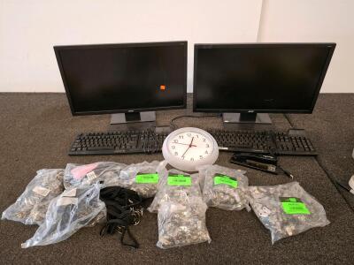 2 Acer Monitors (One Powered On, Other Has No Power Cord), Cherry Keyboards, Swingline Stapler, Wall Clock, 500 Badge Clips, And Lanyards