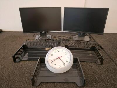 Dell 23" Monitors (Powered On), Cherry KC 1000 SC USB Keyboards, Wall Clock, And Stackable Desk Trays Bundle