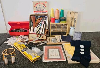 Vintage Sewing Tools: Scissors, Glue Guns, Weaving Loom, Zippers, Patterns, Storage&mdash;70+ Pieces