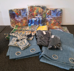 Assorted Household Linens & Drapery Items: Blue Grommet Curtains, Yellow Disposable Aprons, And Tablecloths