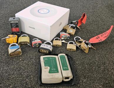 Ubiquiti UniFi nanoHD Access Point, 11 Mixed Padlocks With Keys & Combos, 2 Network Cable Testers