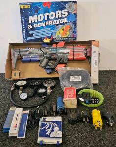 Motors & Generators Science Kit, Vapor-Strike Toy Blaster, Test Gauges, Adapters & Tools