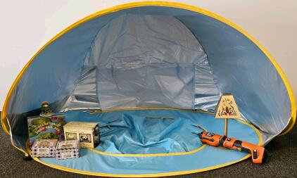 Pop Up Baby Beach Tent With Built-In Pool, Blue/Yellow, Carry Bag, Mesh Window, UPF 50+ Protection, Black & Decker Pivot Screwdriver (Functional), Tea Light Lamp With Frog Design, Assorted Frog & Chicken Collectibles