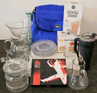 White 3"x6" Subway Ceramic Tile Sheets, Glossy, 12"x12" Sheets, Wall/Backsplash, Cocktail Shaker, 3-In-1 Juicer, Pinook Massager/Tens Machine (Functional), Igloo Insulated Lunch Bag, Idaho Travel Mug, Assorted Unique Glassware