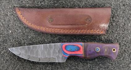 Custom Damascus Fixed Blade Knife, Multicolor Handle, Mosaic Pin, Leather Sheath, Drop Point