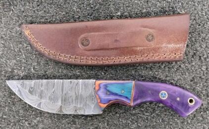 Custom Drop Point Damascus Steel Knife, 4" Blade, Mosaic Pin, Tooled Leather Sheath