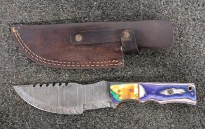Custom Damascus Fixed Blade Knife, 5.5" Blade, Colorful Handle, Leather Sheath, Drop Point