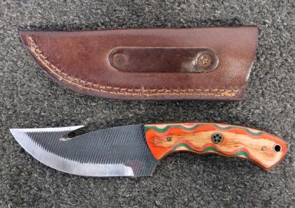Fixed Blade Hunting Knife With Gut Hook, Laminated Wood Handle, Leather Sheath