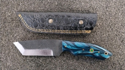 Fixed-Blade Tanto Knife With Blue/Black Resin Handle And Leather Sheath