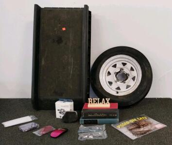 4.80-12 Trailer Tire & 12" White Steel Wheel, dog scratching ramp (for med-sml dogs), mix of vintage books and more.