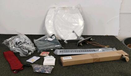Mixed Lot: 2 Toilet Seats, Lawn Mower Blade 21-3/16", Faucet, Coca-Cola Tie, Accessories