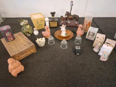 Vintage Collectibles Lot: Precious Moments Figurines, Suntory Whisky Bottle, Horse Lamp, Glassware