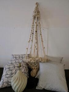 Mixed Lot: 6 Decorative Throw Pillows, Sculptural Ceramic Lamp Base unable to test, Macrame Plant Hanger, Holder