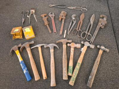 Large hand tool lot! Hammers, pliers, pipe wrenches, metal cutters and more