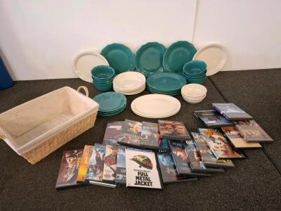 Dinnerware Set of 23 Pieces, 17 Assorted DVD Movies, and Wicker Storage Basket Bundle
