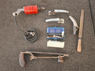 Vintage Tool Lot: Electric Drill, ( powered on) Spearhead No. 750 Gasket Cutter, Hand Files, Body Tools, Hacksaw