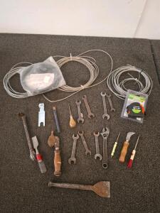 Vintage & Modern Mixed Tool Lot with Pittsburgh 25ft Tape, Wrenches, Screwdrivers, & Steel Cable