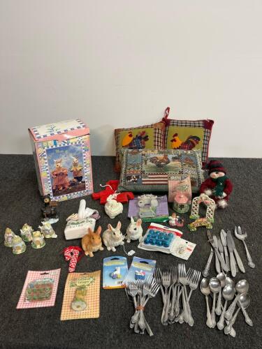 Assorted Easter Bunny Figurines, Themed Cushions, Ornaments & Flatware Lot