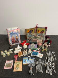 Assorted Easter Bunny Figurines, Themed Cushions, Ornaments & Flatware Lot