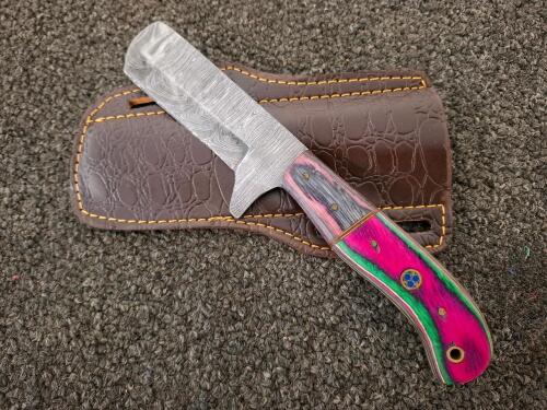 Custom Handmade Damascus Cleaver Knife, Mosaic Pins, Dyed Handle, Leather Sheath, 10" Overall