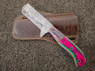 Custom Handmade Damascus Cleaver Knife, Mosaic Pins, Dyed Handle, Leather Sheath, 10" Overall