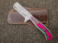 Custom Handmade Damascus Cleaver Knife, Mosaic Pins, Dyed Handle, Leather Sheath, 10" Overall