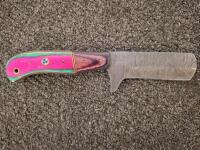 Custom Handmade Damascus Cleaver Knife, Mosaic Pins, Dyed Handle, Leather Sheath, 10" Overall - 2