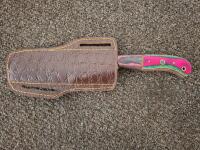 Custom Handmade Damascus Cleaver Knife, Mosaic Pins, Dyed Handle, Leather Sheath, 10" Overall - 3