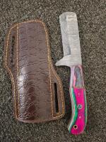 Custom Handmade Damascus Cleaver Knife, Mosaic Pins, Dyed Handle, Leather Sheath, 10" Overall - 4