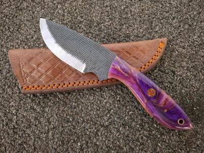 Handmade Damascus Steel Fixed-Blade Knife with Purple Resin Handle and Leather Sheath