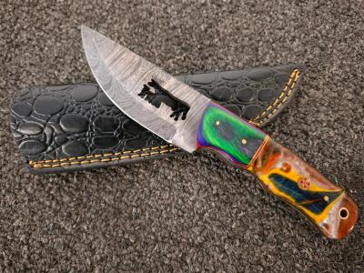 Custom Damascus Fixed Blade Knife, 4.5" Blade, Animal Cutout, Colorful Resin Handle, Leather Sheath