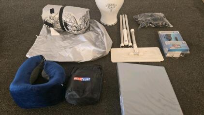 Mixed Lot: COMCAVER Boat Cover, WeiTrust Neck Pillow, Mop & Planter, Belkin VGA Cable, Power Cords, Wilson Jones Binder