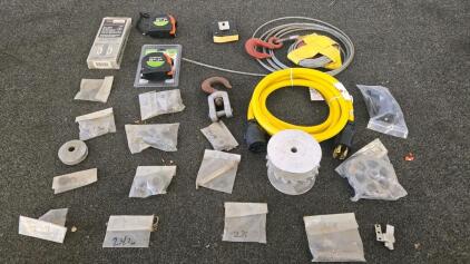 Contractor Tool Lot: 25ft L14-30 Extension Cord, Tape Measures, Hinge Template, Hardware, Hooks