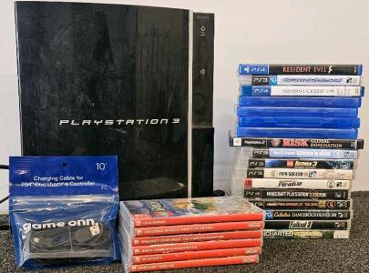 Sony PlayStation 3 Console with 18 Mixed Games (PS3, Switch, PS4, PS2) and Charging Cable (tested, works)