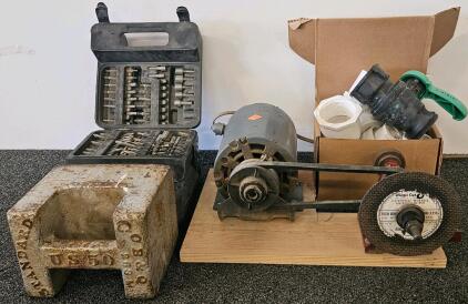Workshop Lot &ndash; 50 lb Cast Iron Weight, Socket Set, Cutoff Tool (tested, works) & PVC Fittings/Valve