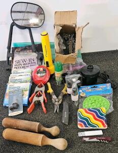 20+ Piece Lot: Hand Tools, Automotive Mirror, Flashlight, Sylvania Bulb, Mosquito Coils, Crafts
